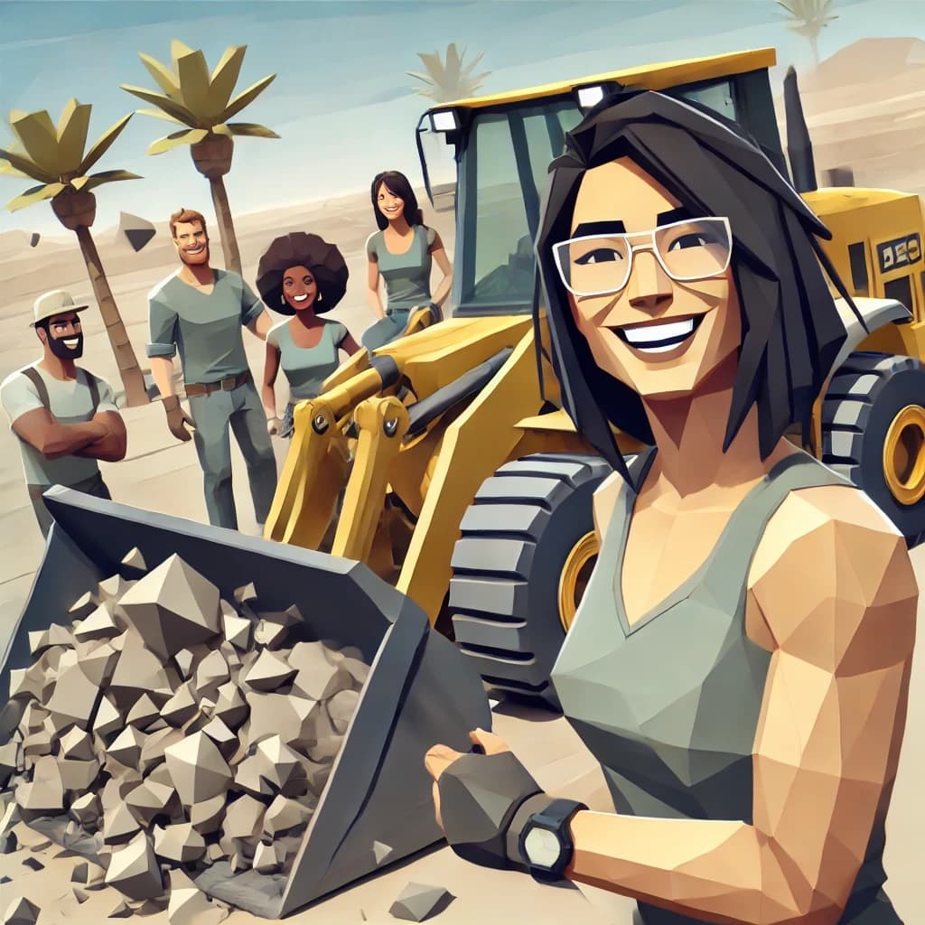 A woman breaking rocks with friends and a front-end loader